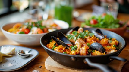 Obraz premium A seafood paella with saffron rice, mussels, clams, and chopped giant squid tentacle.