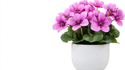 A vibrant pot of pink flowers with green leaves, showcasing their natural beauty and elegance in a minimalist white container.