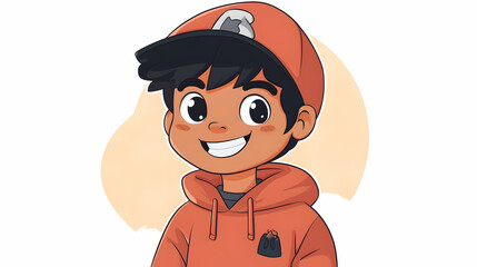 Cartoon illustration of a smiling boy wearing a red hoodie and a cap.