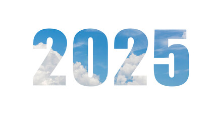New Year 2025.  Text Number 2024 on blue sky and white clouds background.  New year and Christmas...