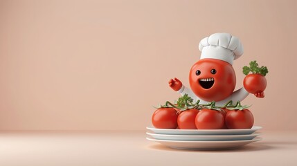 A whimsical illustration of a tomato chef character.