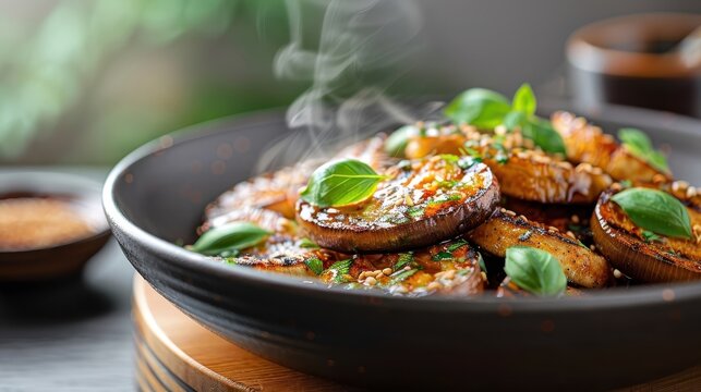 A steaming bowl of Japanese nasu dengaku with glazed eggplant slices.