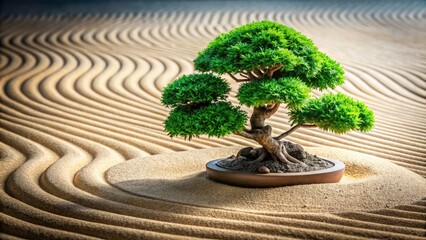 Naklejka premium Serene Miniature Bonsai Tree on Rock Island in Zen Sand Garden - Tranquil Nature, Relaxation, Meditation, Zen Aesthetics, Peaceful Landscape for Mindfulness and Calmness