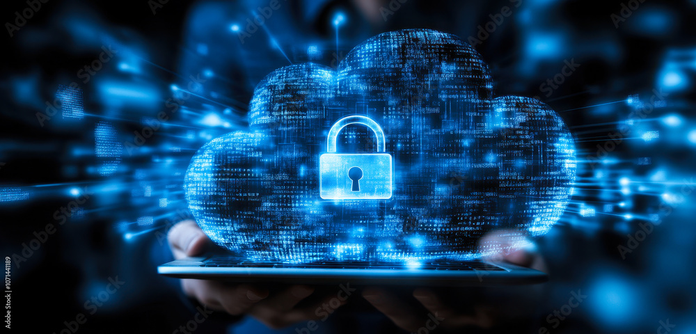 Poster cybersecurity network: digital padlock and cloud computing for data protection