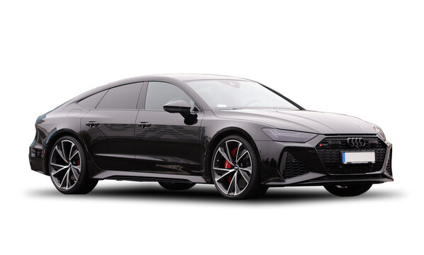  A black premium Audi RS 7 Sportback car stands on a white background. Audi RS7 Sportback 