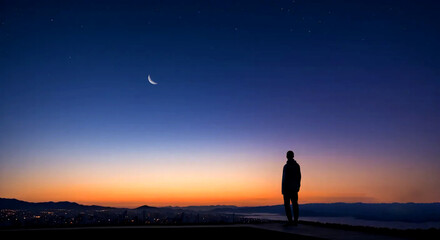 male silhouette on the roof at dawn