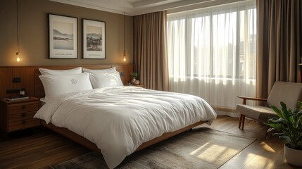 Fototapeta premium Modern bedroom with king-size bed, white linens, wooden furniture, and large windows with natural light.