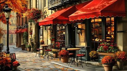 Obraz premium Charming cafe with red awnings on a cobblestone street in autumn.