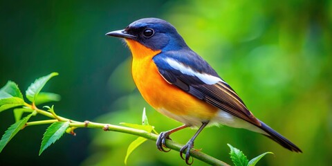 Naklejka premium Stunning Drone Photography of Mugimaki Flycatcher Perched on a Branch Amidst Lush Nature, Vibrant Colors, Detailed Feathers, and Serene Background Perfect for Wildlife Enthusiasts and Bird Lovers