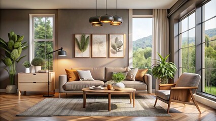 Fototapeta premium Stylish Living Room Mockup with Blank Poster for Fashion Photography, Modern Decor, Minimalist Design, Interior Inspiration, Cozy Atmosphere, Creative Space, Trendy Aesthetics