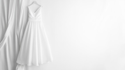 Simple white wedding dress against a clean white backdrop, highlighting soft fabric and minimalist style