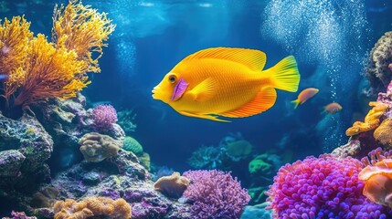 Fototapeta premium Vibrant Underwater Scene with Yellow Fish and Colorful Coral