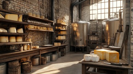 Fototapeta premium Rustic cheese making workshop filled various types on wooden shelves. Stainless steel tanks, traditional production. Dairy products factory.