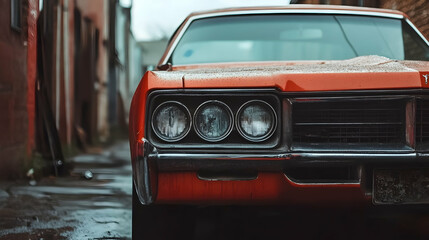 Fototapeta premium Close up of an orange classic car parked in an alleyway.