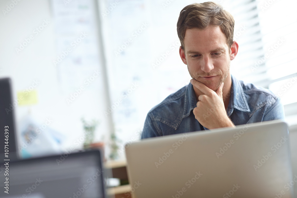 Poster Office, thinking and business man on laptop with ideas for solution, company project or problem solving. Professional, startup and person brainstorming on computer for research, feedback and planning