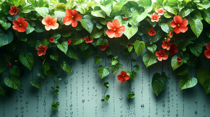 Bright, beautiful vines with lush green leaves, curling gracefully as they climb and cascade. The vibrant foliage is accented with small blossoms or tendrils, adding touches of color and texture.