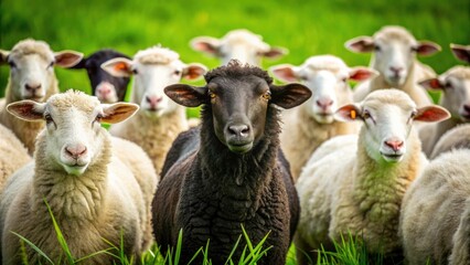 Fototapeta premium Unique Black Sheep Among White Sheep Symbolizing Individuality in Conformity - Macro Photography of Uncommon Perspectives in Nature