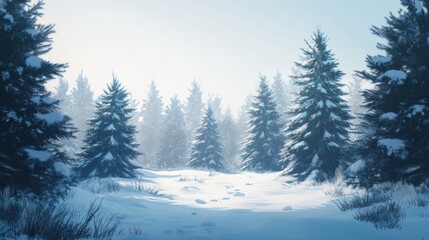 Fototapeta premium Snowy forest landscape, serene winter scene with pine trees covered in snow and frost, creating a tranquil Christmas atmosphere.