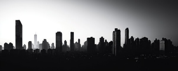 A striking black and white silhouette of a city skyline, showcasing tall buildings against a gradient background.
