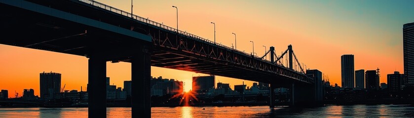 Obraz premium A silhouette of a bridge against a vibrant sunset, reflecting colors in the water, with a city skyline in the background.