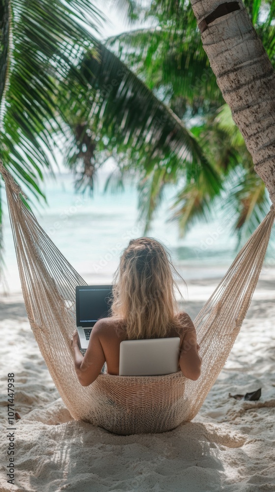 Sticker a woman working on laptop computer while relaxing in beach hammock
