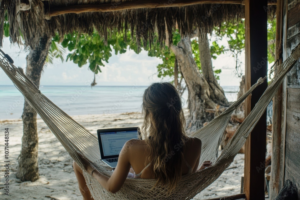 Sticker a woman working on laptop computer while relaxing in beach hammock