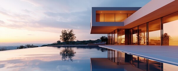 Fototapeta premium A sleek modern house with large windows reflecting on a serene pool at sunset, surrounded by nature.