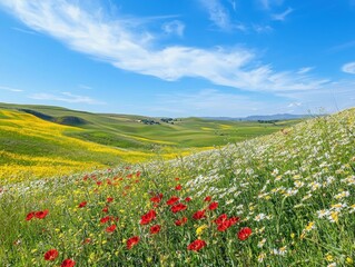 Fototapeta premium A vibrant landscape featuring rolling green hills adorned with colorful wildflowers under a bright blue sky with wispy clouds.