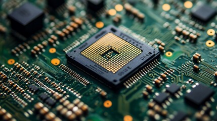 Obraz premium Close-up of a computer processor on a circuit board.