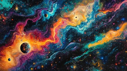 Solar system depicted from another galaxy, with vibrant cosmic colors and distant stars, giving an intergalactic perspective.