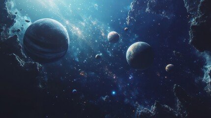 Solar system floating in a fantasy galaxy, planets and stars arranged artistically against a vast cosmic background.