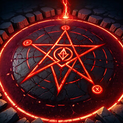 A glowing red pentagram inscribed within a circular magic circle on a cracked stone surface. The circle is bordered by rough stone blocks and a faint beam of light emanates upwards from the center.