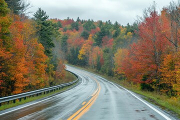 Autumn landscape on the highway in colorful forest. nature trip in fall. highway landscape on fall season