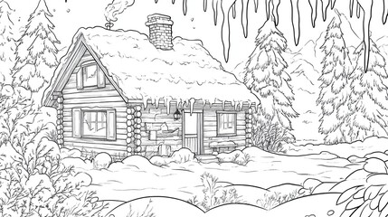 Obraz premium Snowy winter house coloring poster with fir tree, coloring page for kids, simple outline illustration