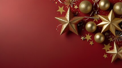 New Years Eve corner border banner of glittery gold stars streamers decorations and noisemakers.