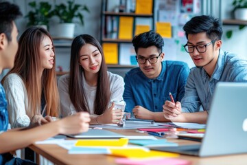 Business team woman and man asian group meeting sitting on desk looking talk think creative idea computer on table