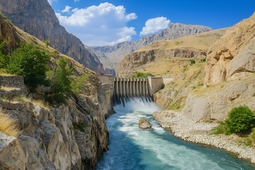 Obraz premium Hydroelectric Dam Generating Power with Flowing Water Through a Scenic Valley, Sustainable Resources, Electricity Source, Sustainability Illustration, Clean Energy