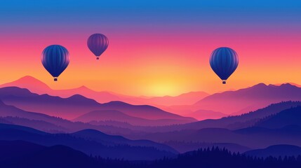 Fototapeta premium Three hot air balloons soar over colorful mountains at sunset, creating a serene and picturesque landscape filled with vibrant hues.