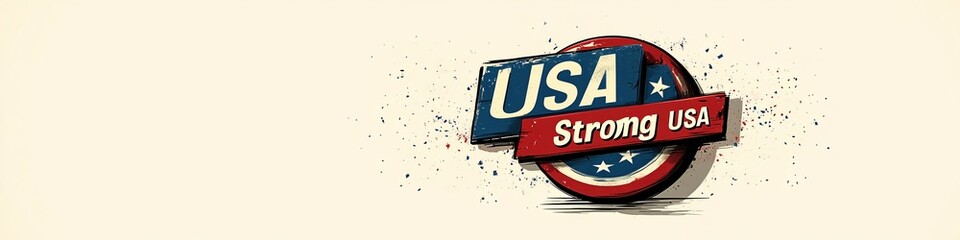 A vintage-style graphic with the word "USA" in a red, white, and blue circle with a banner that says "Strong USA."