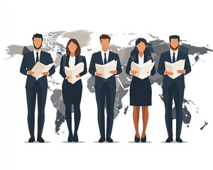 Obraz premium Fullbody business team holding documents, in front of a world map with geometric shapes and lines, representing global connectivity and advanced network technology in business