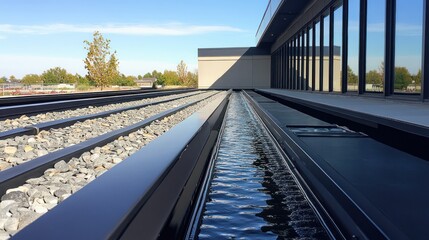 Fototapeta premium Stormwater management system with polymer gutters, effectively draining roof water while blending with the building design.