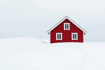 Red Cabin Surrounded by Snowy Landscape