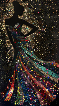 Elegant silhouette dances amidst a sea of colorful dots in a stunning evening gown