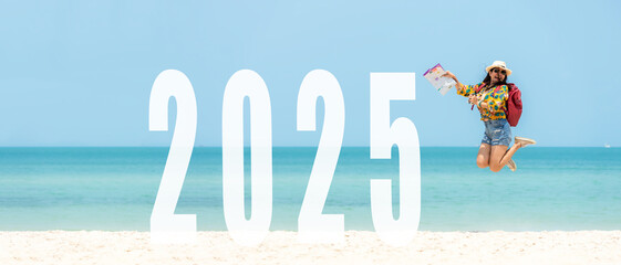 Asian young woman happy  jumping congratulation and celebrate in Happy New year 2025 for change new...