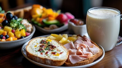 A breakfast spread featuring ham and cheese bread alongside a frothy glass of milk and a side of colorful fruit, emphasizing a balanced meal.