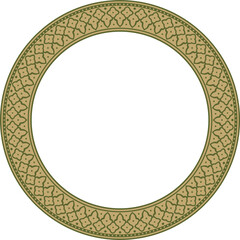 Vector round gold with green national Persian ornament. Circle, ring, frame, border, ethnic pattern of the peoples of Iran, Iraq, Tajikistan