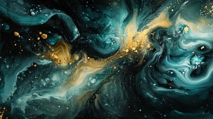 Fototapeta premium Swirling acrylic paint in ocean-inspired shades of blue and gold, adding a fluid, artistic touch.