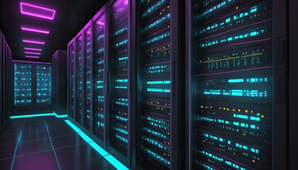 Server room with LED console and AI integration