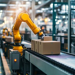 Industrial robot arm in warehouse next to conveyor belt packing goods into boxes
