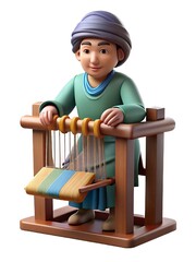 Animated character in traditional clothing using a weaving loom